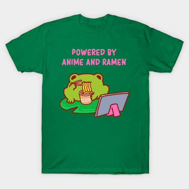 Powered by anime and ramen, anime fan, funny anime quote, cute anime lover frog T-Shirt by Tinyarts